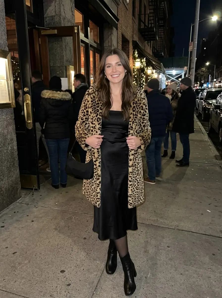 Black satin midi slip dress layered under a plush leopard-print faux-fur coat with sheer black tights and ankle boots