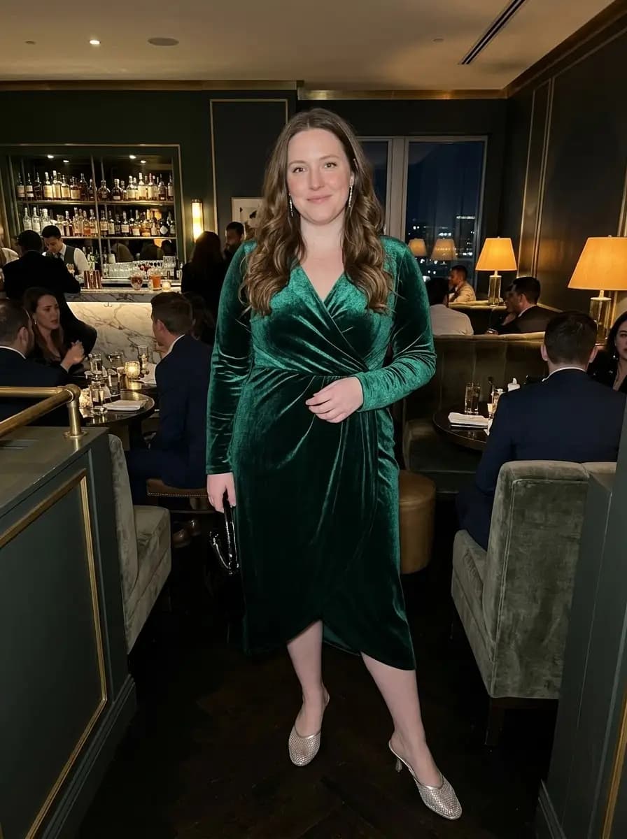 Emerald green long-sleeve velvet wrap midi dress paired with crystal-embellished silver mules and drop earrings