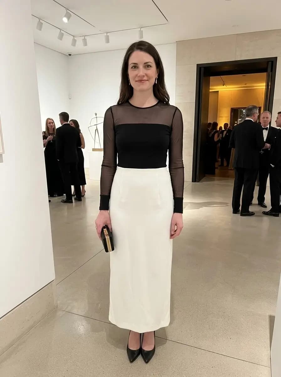 Black long-sleeve top with sheer mesh panels styled with an ivory white satin maxi skirt and black pointed pumps