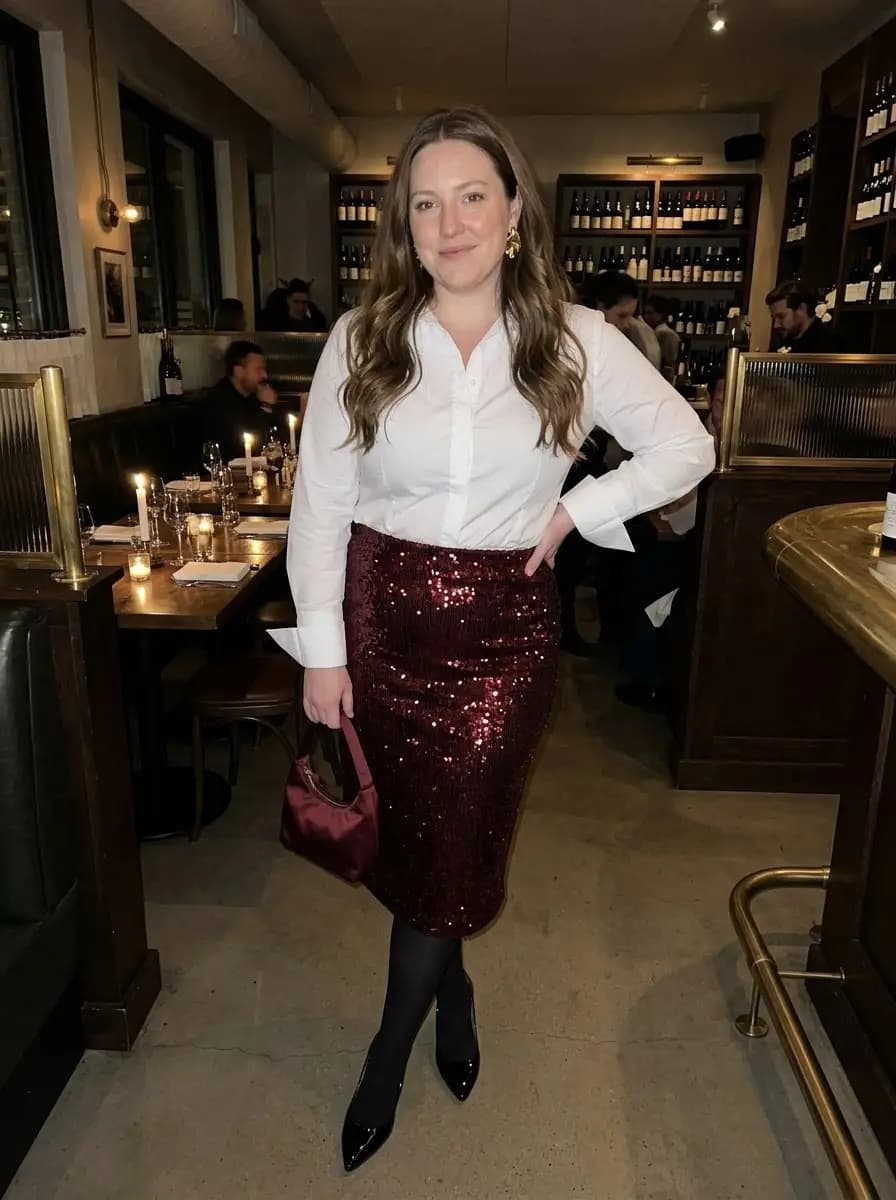 Crisp white button-down shirt tucked into a shimmering burgundy sequin midi skirt with black tights and heels