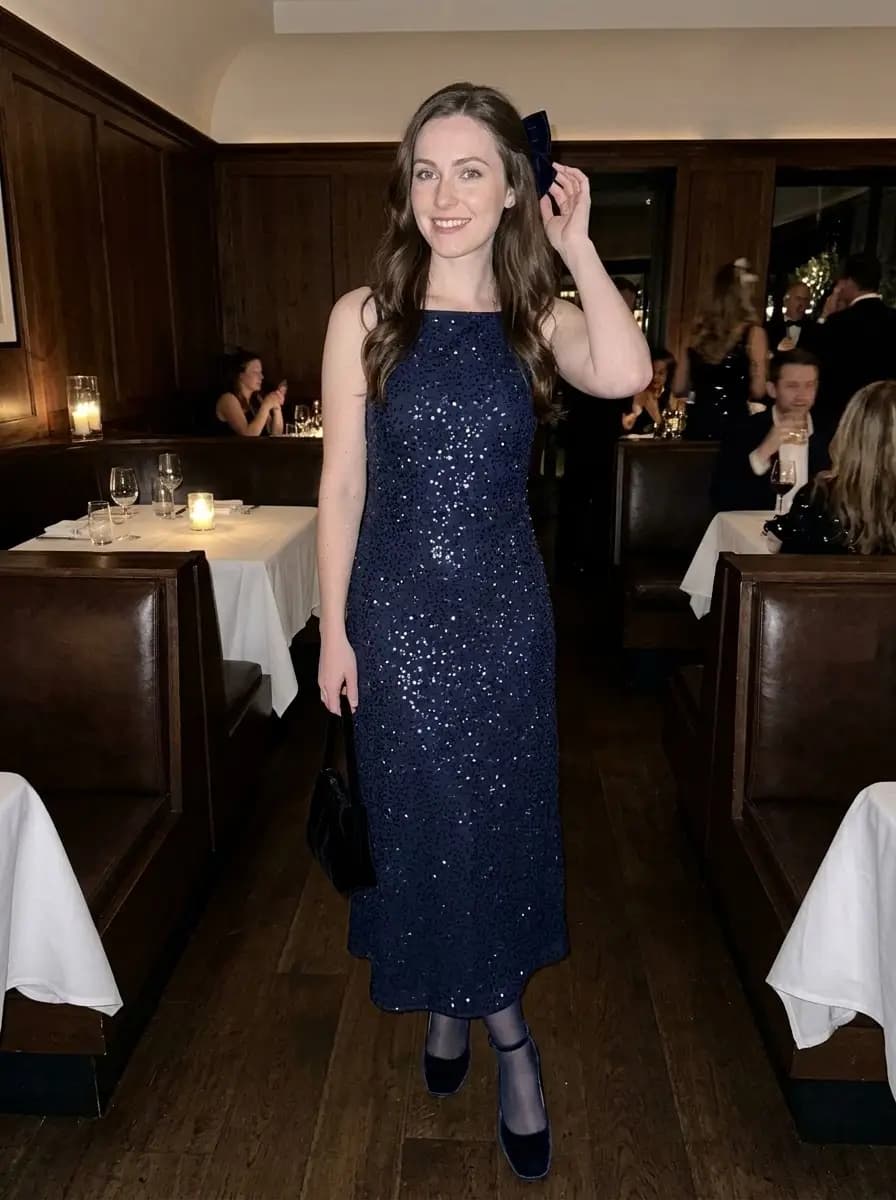 Midnight blue sequin sleeveless midi dress with sheer navy tights and navy velvet Mary Jane heels