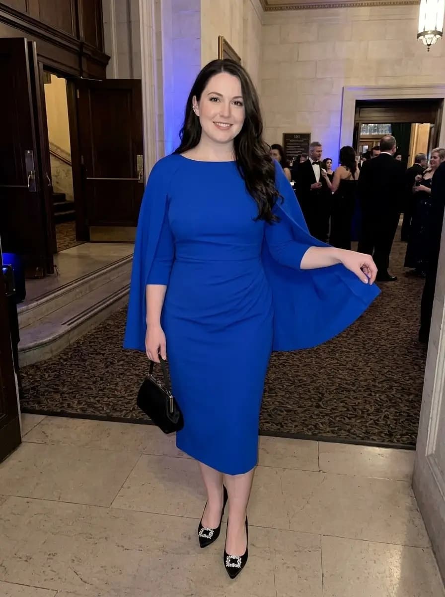 Fitted royal blue midi dress with draped cape panels at the shoulders and embellished black pointed pumps