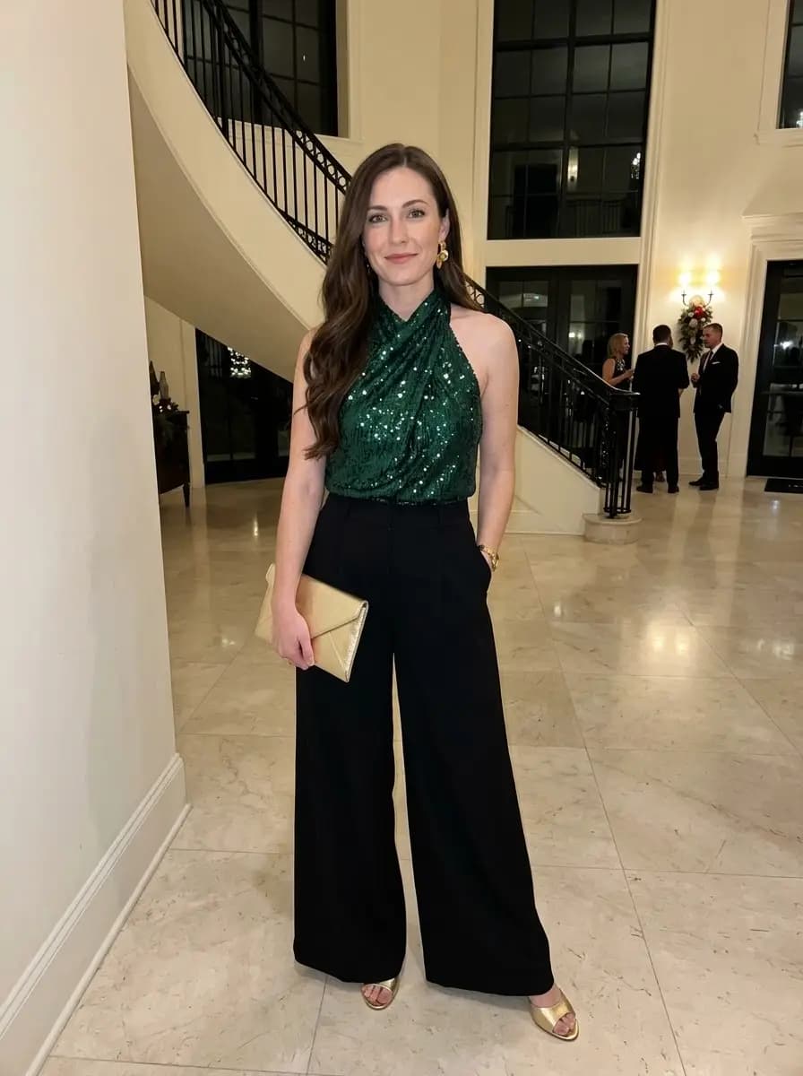 Shimmering emerald green sequin draped halter top styled with high-waisted wide-leg black trousers