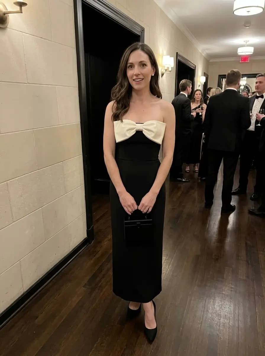 Floor-length black strapless column gown highlighted by an oversized ivory bow across the neckline