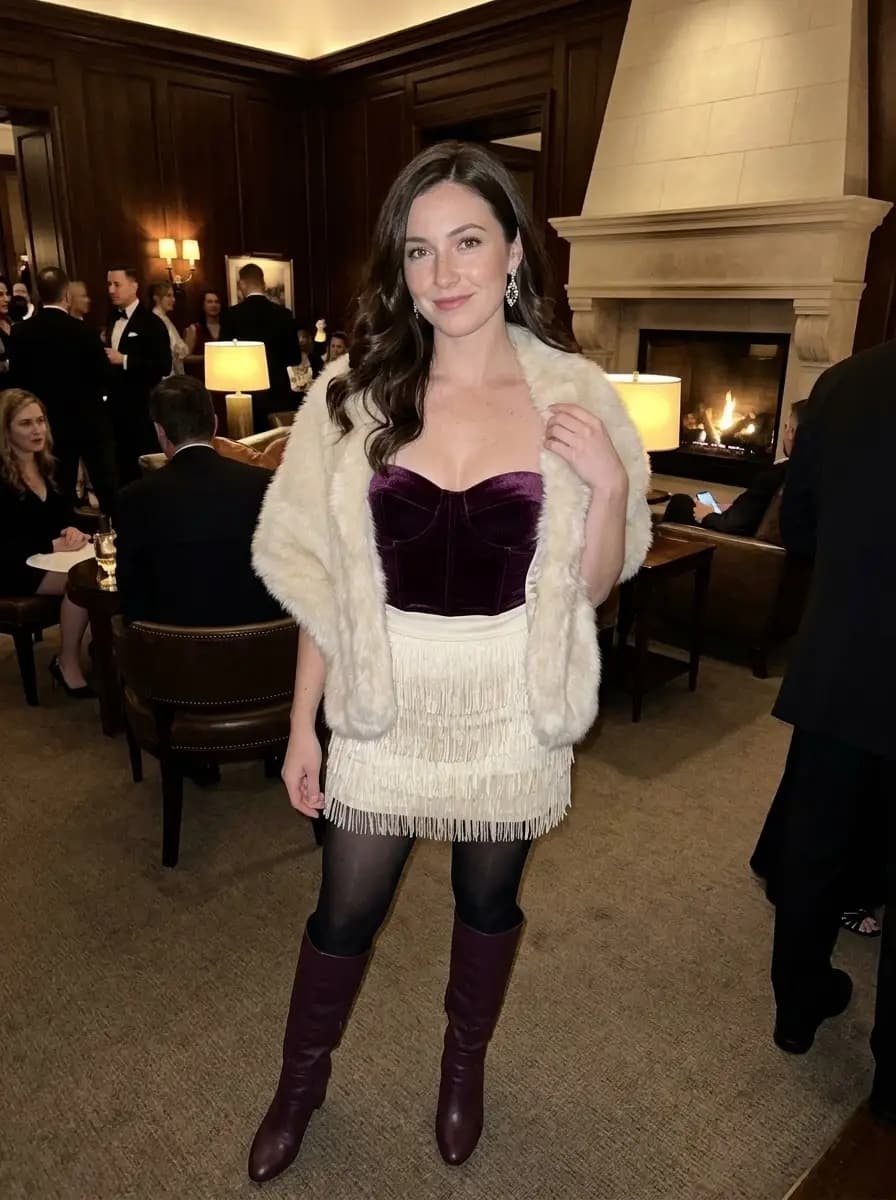 Plush cream faux fur shawl draped over a burgundy velvet bustier top and cream fringed mini skirt