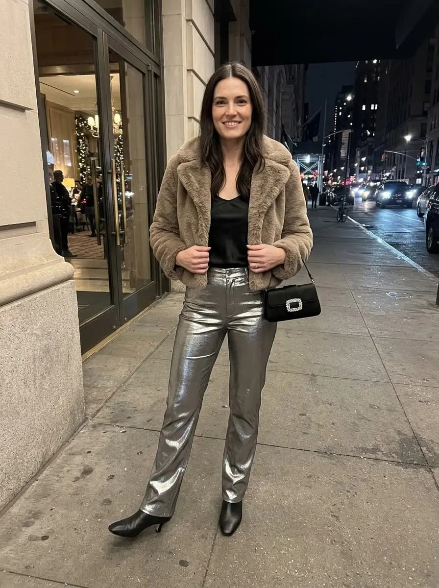 Cropped taupe-brown faux-fur jacket over black satin cami and high-waisted silver metallic straight-leg pants