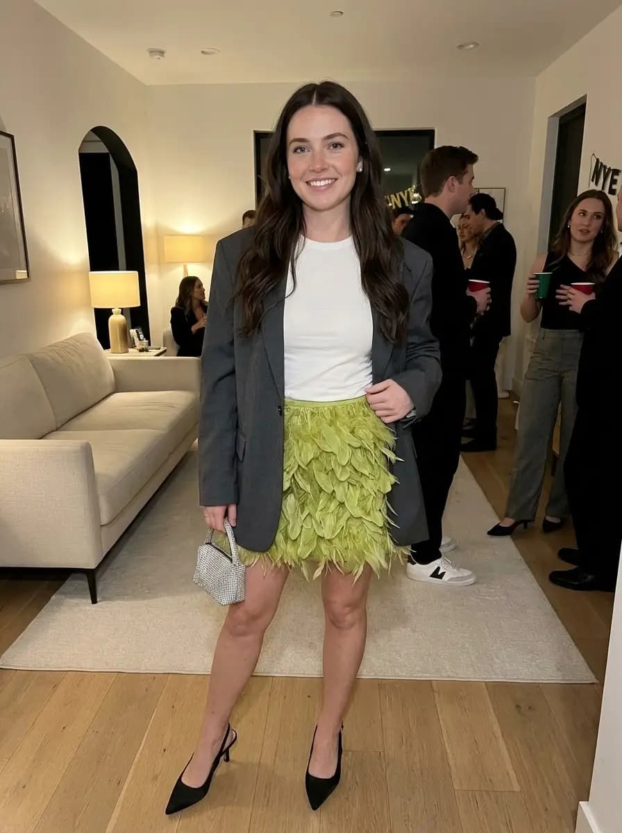 Oversized dark grey blazer styled with a fitted white t-shirt and vibrant lime green feather mini skirt