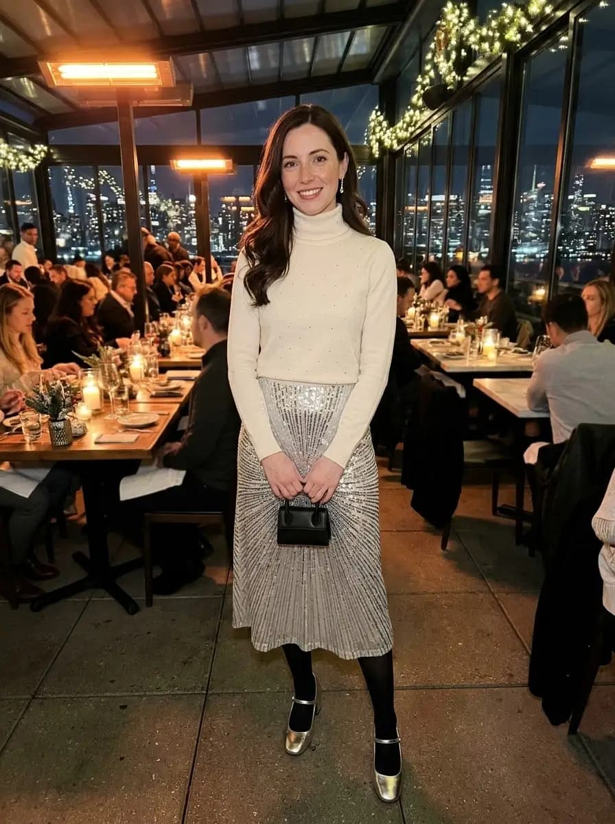 Cozy cream knit turtleneck sweater styled with a sparkling patterned silver sequin flared midi skirt