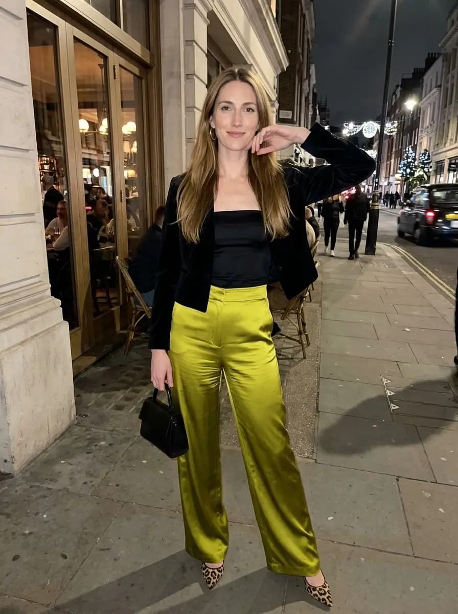 Cropped black velvet blazer and strapless top paired with vibrant lime green satin wide-leg trousers