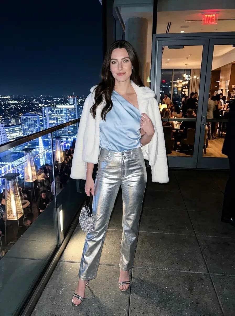 Cropped white faux fur jacket over light blue one-shoulder satin top and metallic silver straight-leg jeans