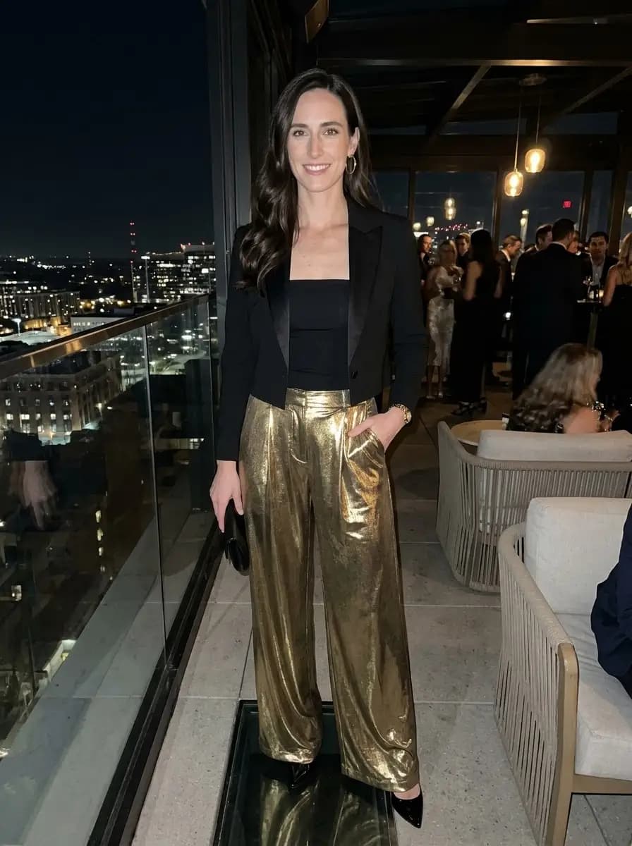 Cropped black tailored blazer over strapless top with shimmering high-waisted gold metallic wide-leg pants
