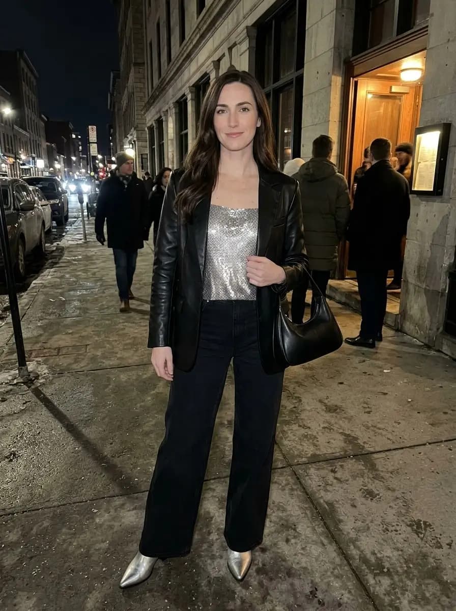 Tailored black leather blazer over a sparkling silver sequin camisole and high-waisted black wide-leg denim