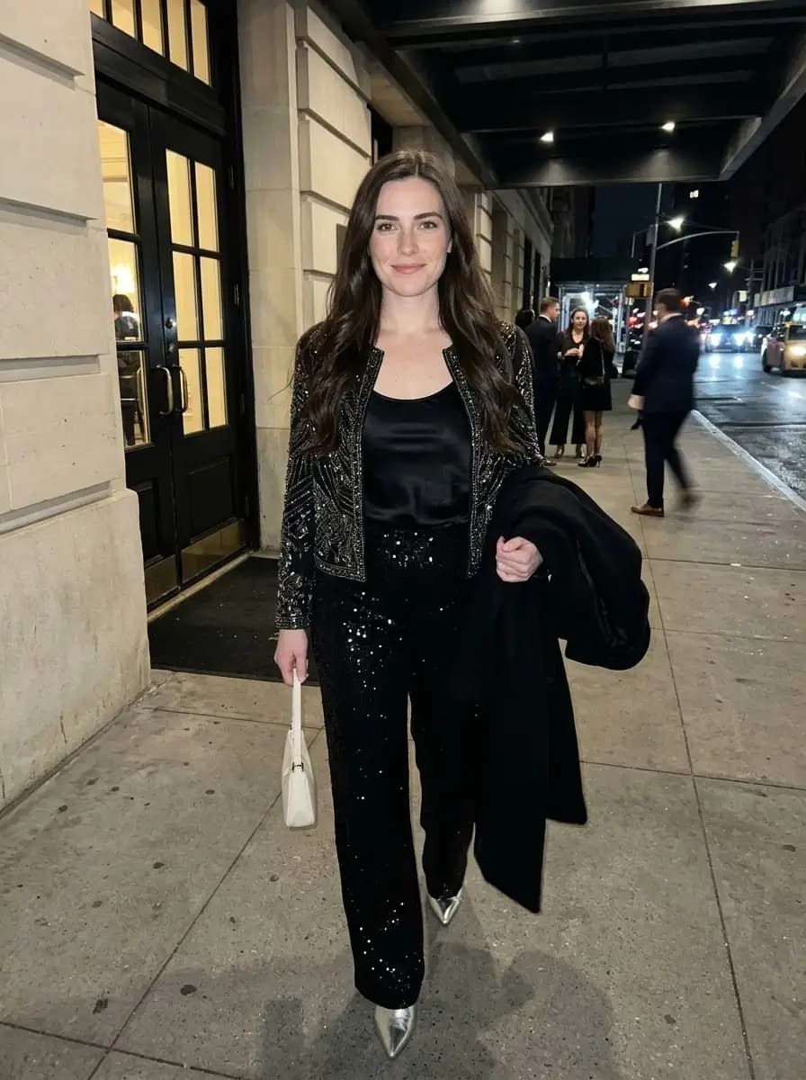 Cropped jacket with silver beading over a black satin camisole and shimmering black sequin wide-leg pants