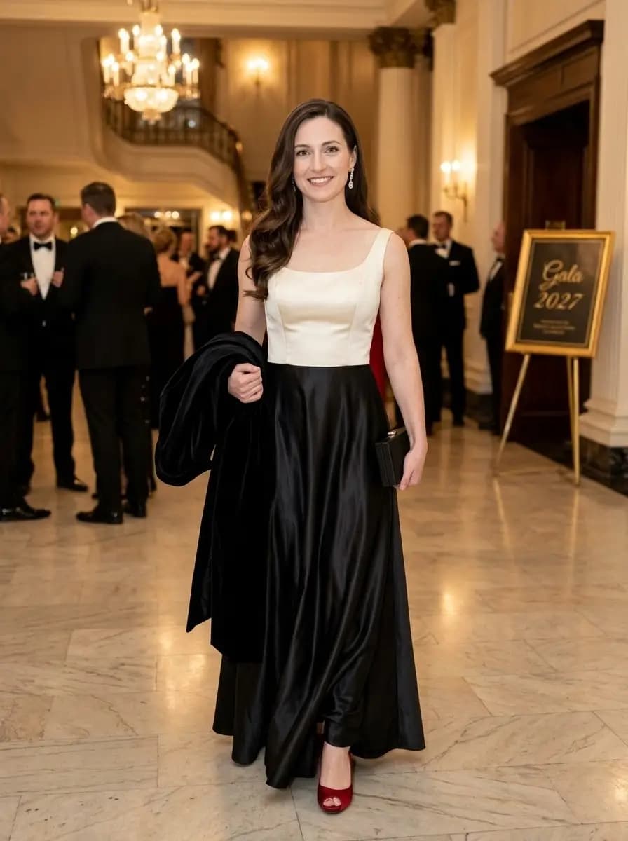 Structured ivory strapless corset top paired with a flowing black satin maxi skirt and black velvet coat