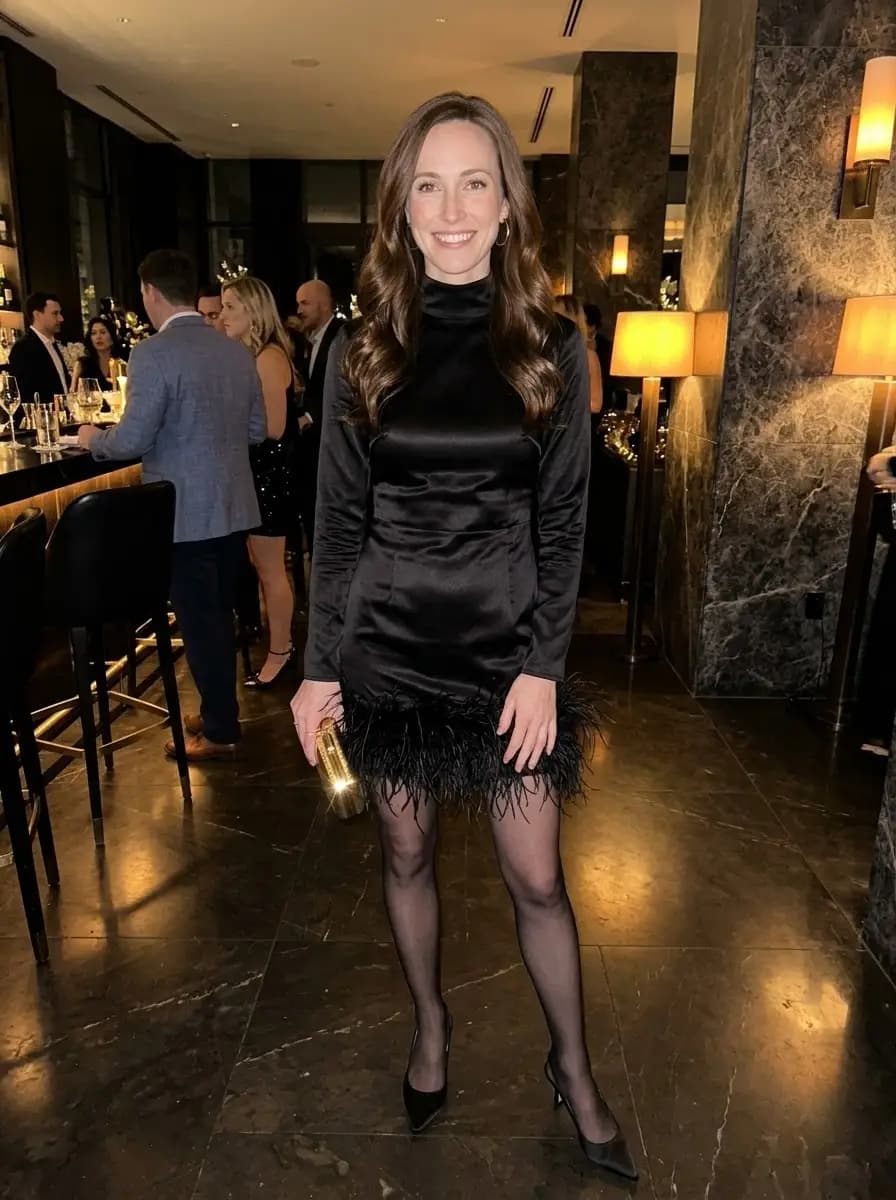 Fitted long-sleeve black satin mini dress with delicate feather trim at the hem and sheer black tights