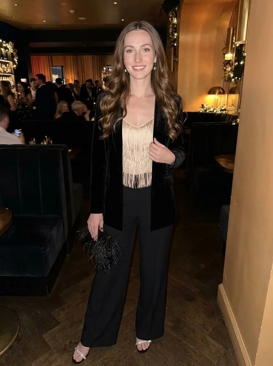 Champagne fringed halter top layered under a black velvet blazer with fluid wide-leg trousers