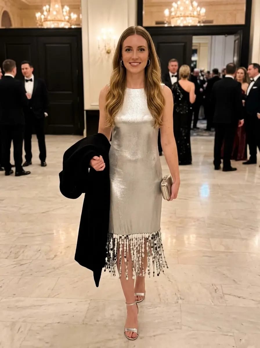 High-neck silver metallic midi dress featuring delicate reflective fringe along the hemline