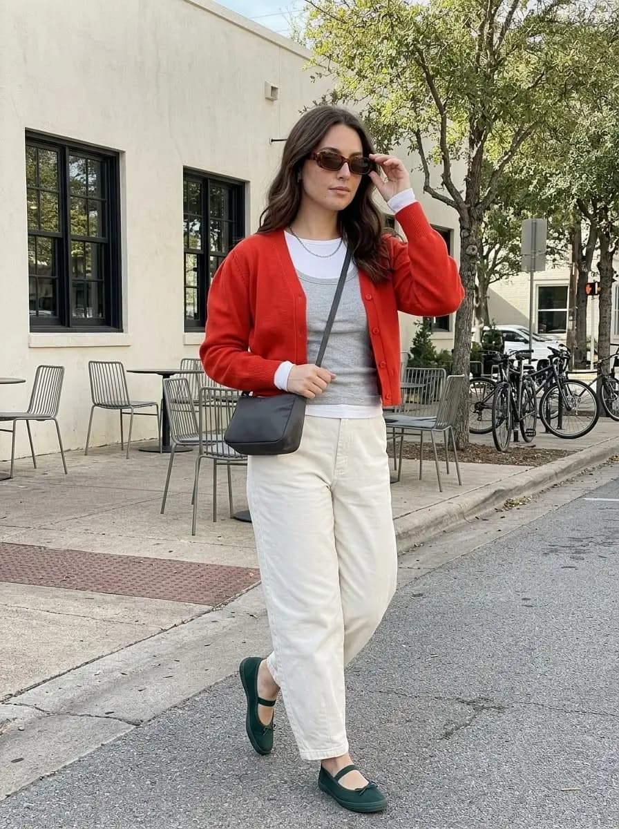 Red knit cardigan over grey tank and white tee with cream wide-leg pants