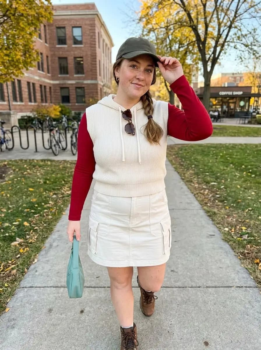 White ribbed sweater vest over red long sleeve top with cream cargo mini skirt