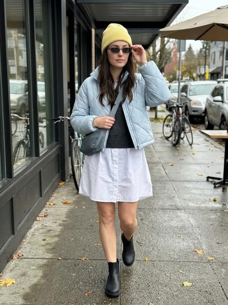 Light blue quilted jacket over dark grey sweater vest and white mini dress