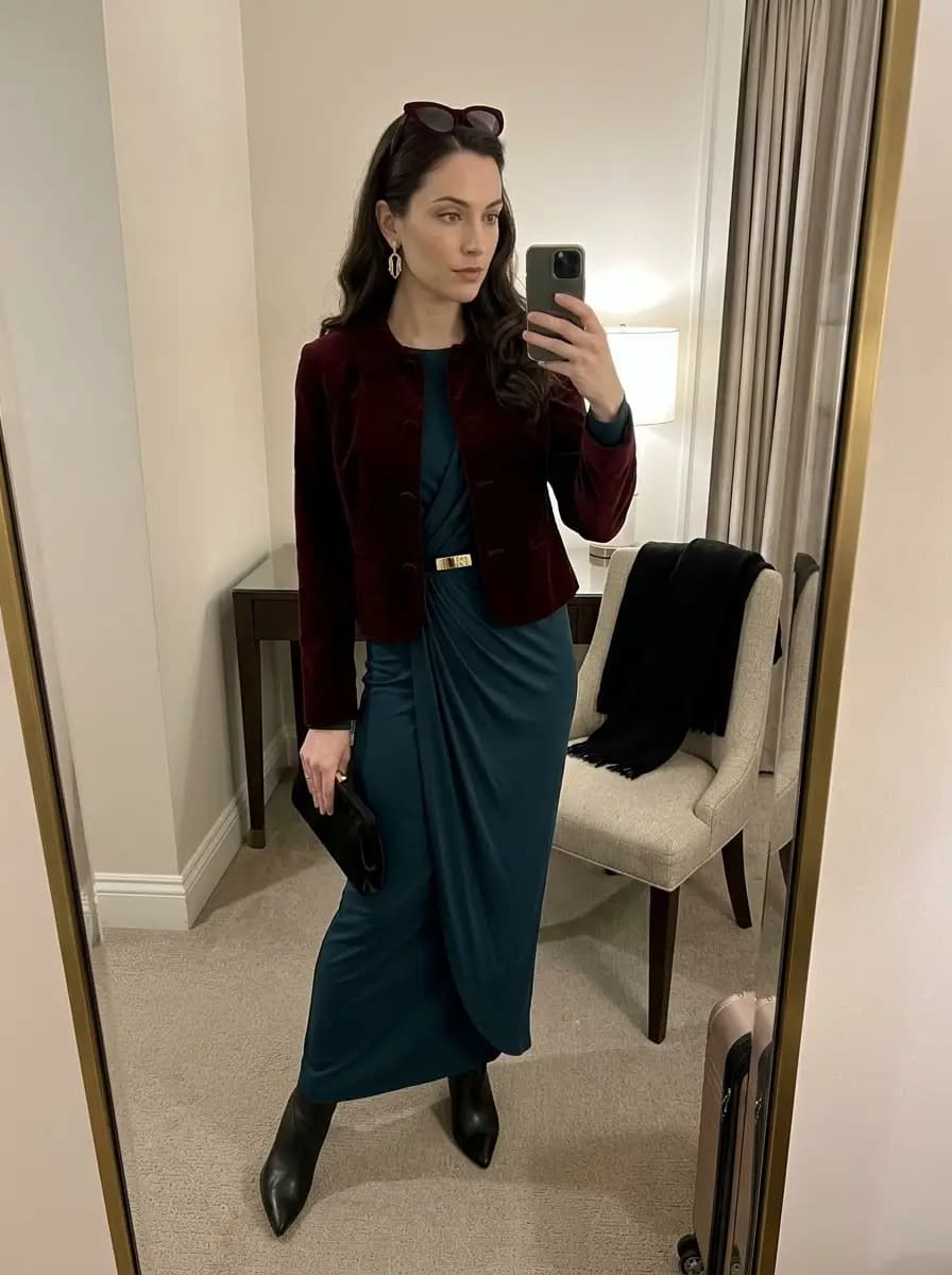 Burgundy velvet cropped jacket over teal draped maxi dress