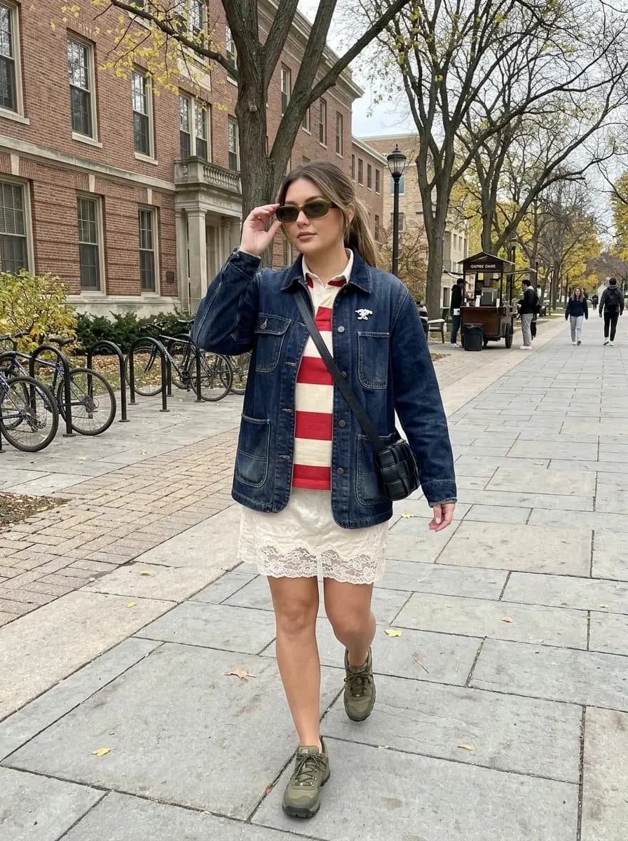 Dark wash denim jacket with red striped rugby shirt and white lace slip skirt