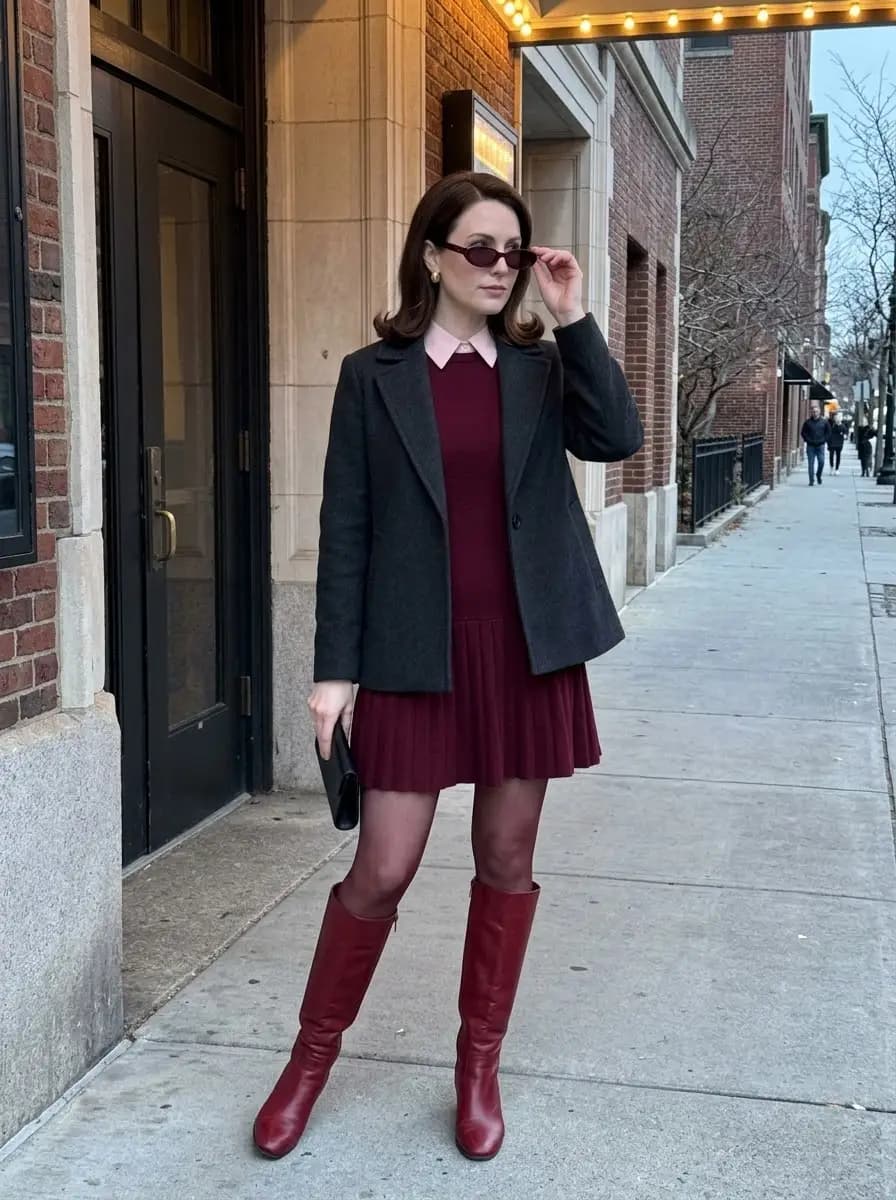 Charcoal blazer over pink collared shirt and burgundy pleated dress with tall burgundy boots