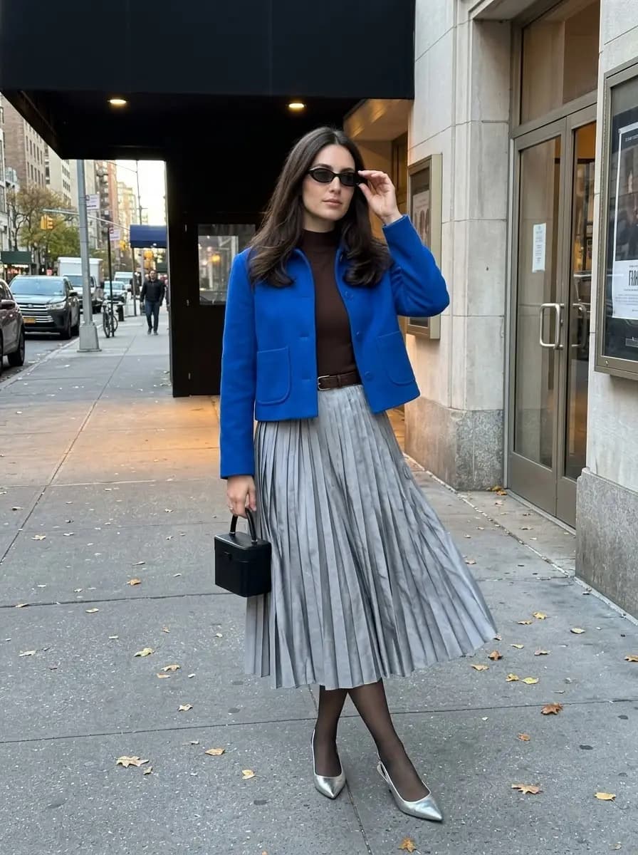Royal blue cropped jacket with dark brown top and silver pleated midi skirt