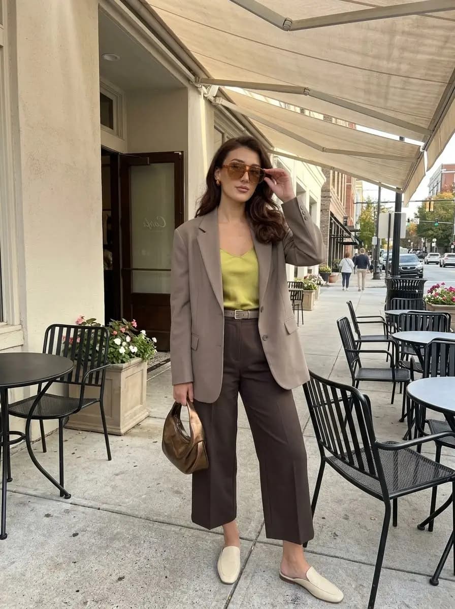 Taupe blazer over yellow camisole with dark chocolate wide leg pants