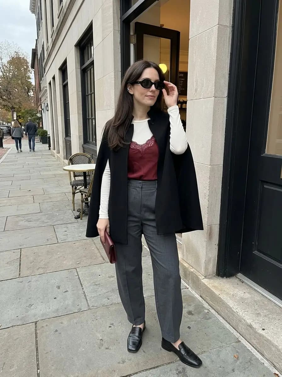 Black cape jacket with burgundy lace cami over white long sleeve top and charcoal trousers