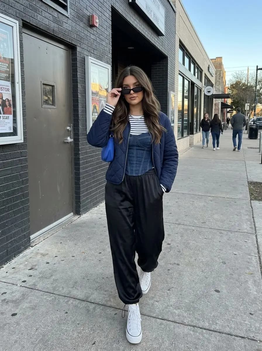 Navy quilted jacket over striped top with blue denim corset and black satin pants