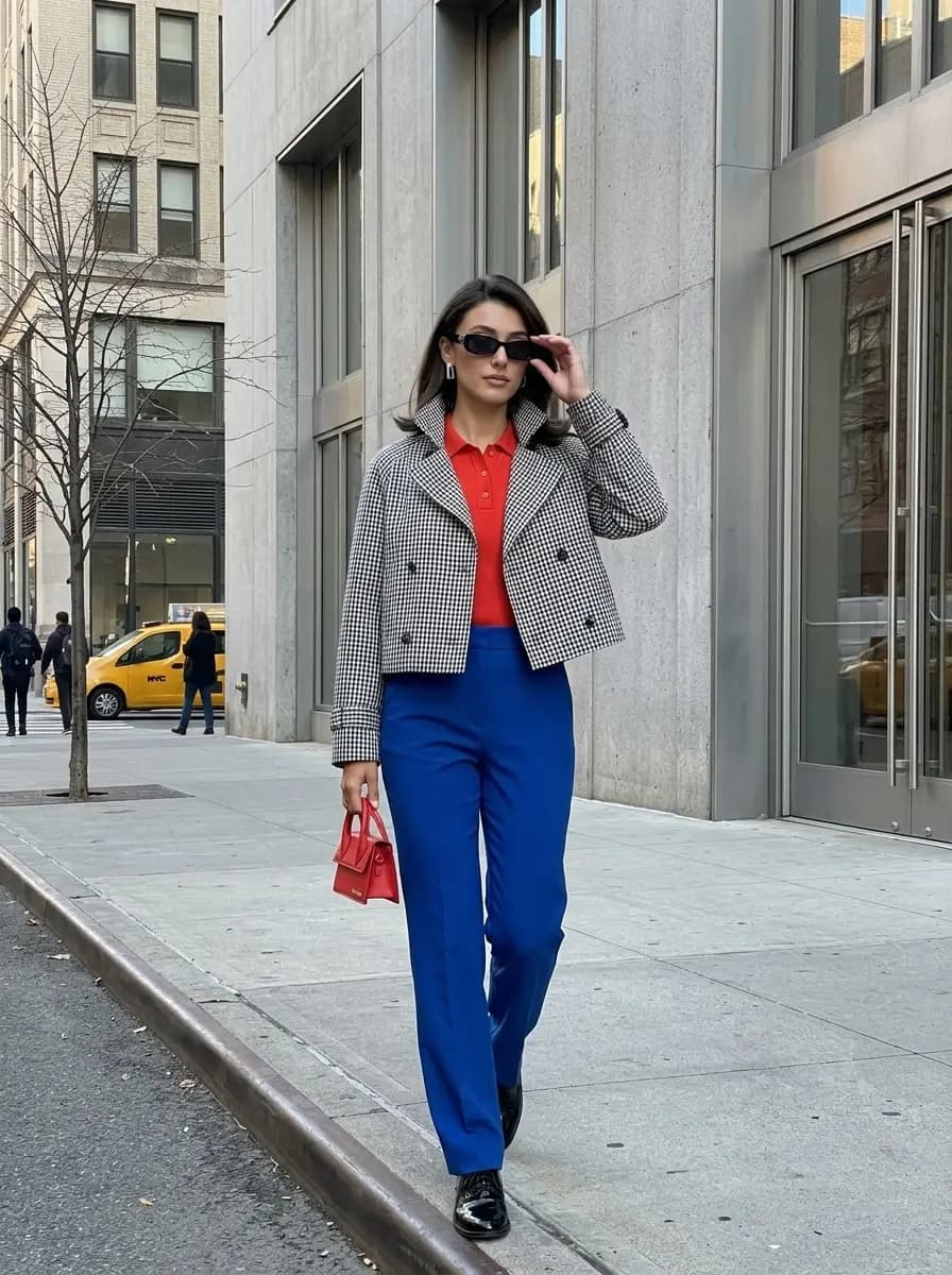 Black and white houndstooth cropped jacket with orange polo and royal blue trousers