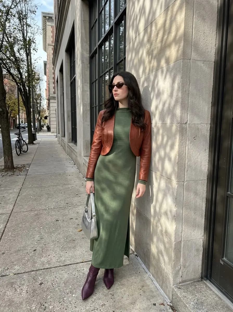 Brown leather cropped jacket layered over olive green ribbed maxi dress