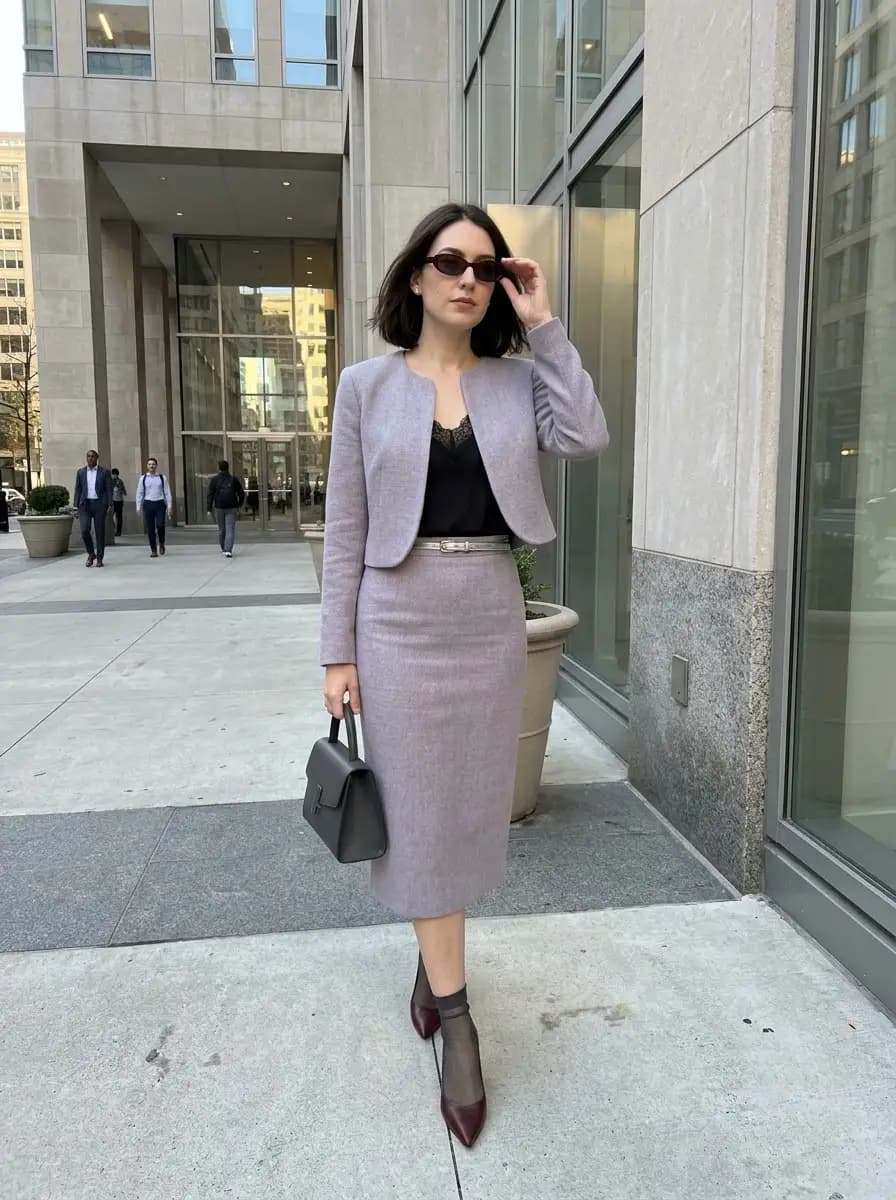 Light gray cropped blazer and pencil skirt with black lace-trim camisole