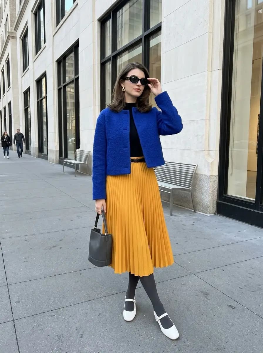 Royal blue cropped jacket with black long sleeve top and mustard yellow pleated midi skirt