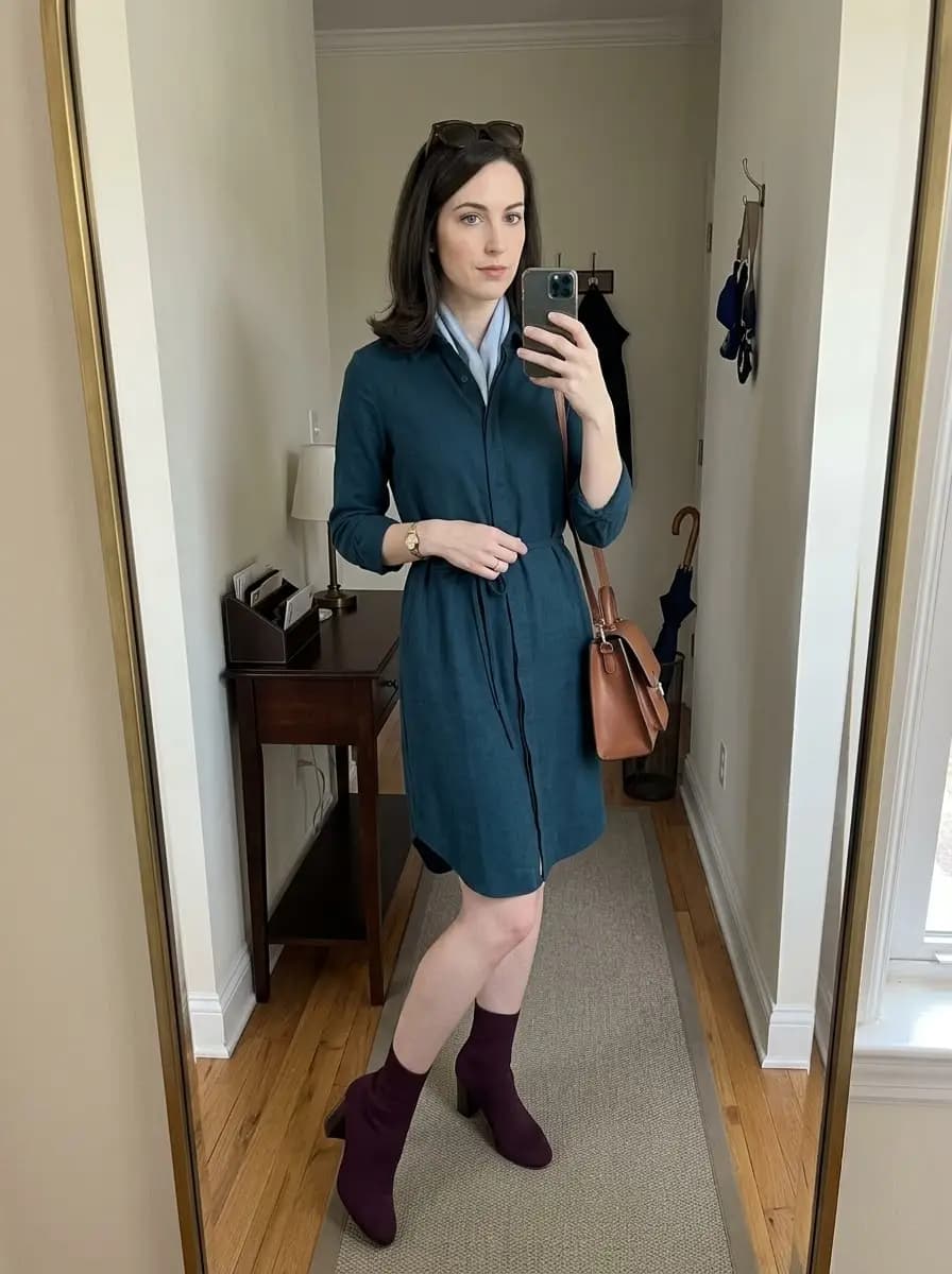 Teal button-up shirt dress with self-tie waist and pale blue scarf