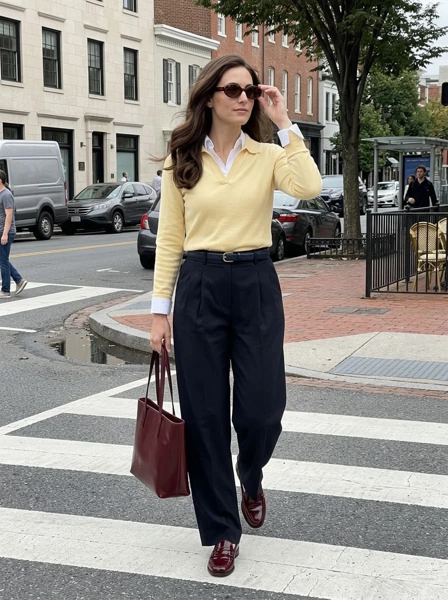 Preppy Yellow Sweater with Navy Trousers