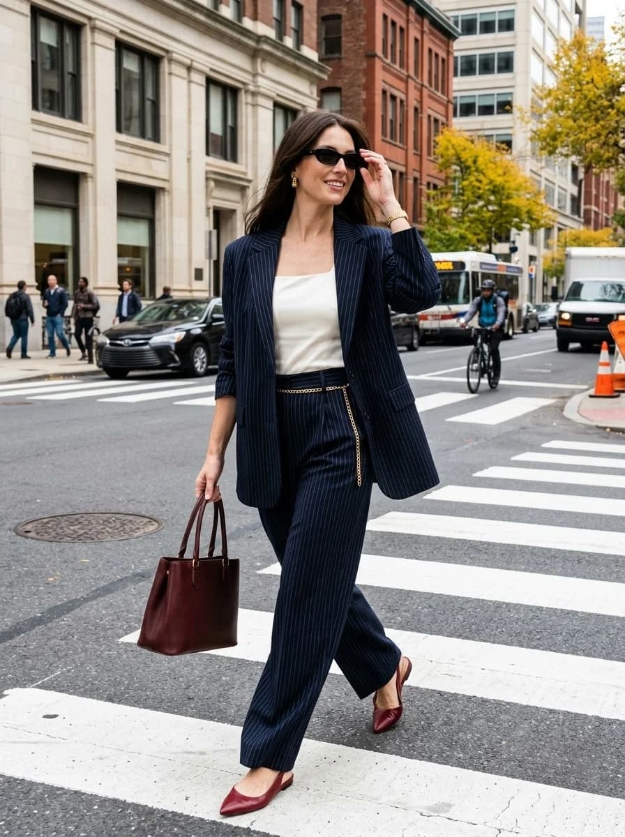 Navy Pinstripe Suit with Cream Top and Burgundy Accessories
