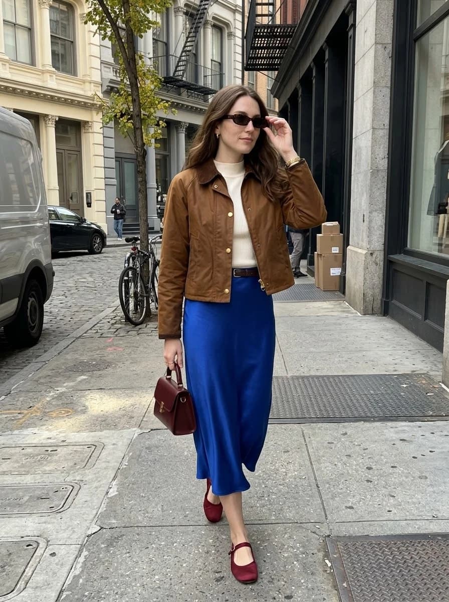 Brown Jacket with Cobalt Satin Skirt