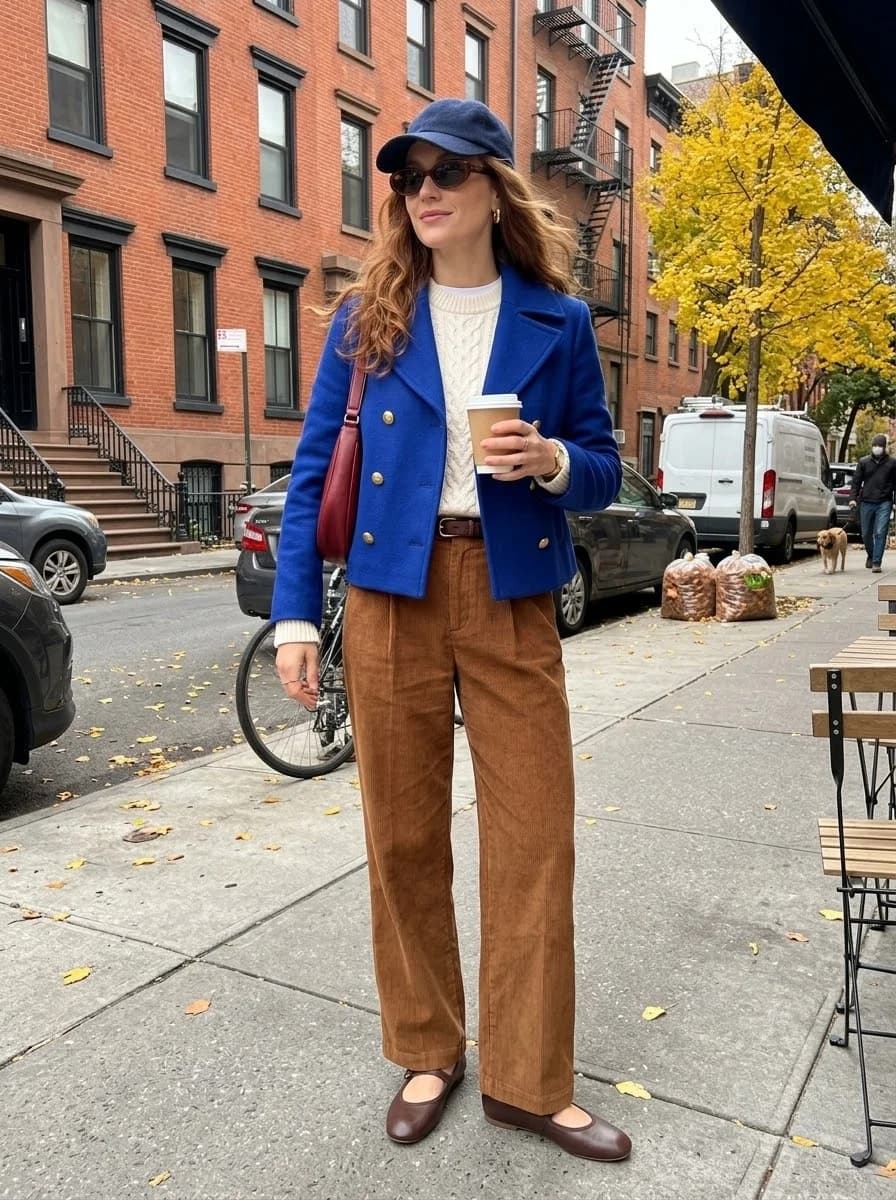Bright Blue Jacket with Cinnamon Trousers