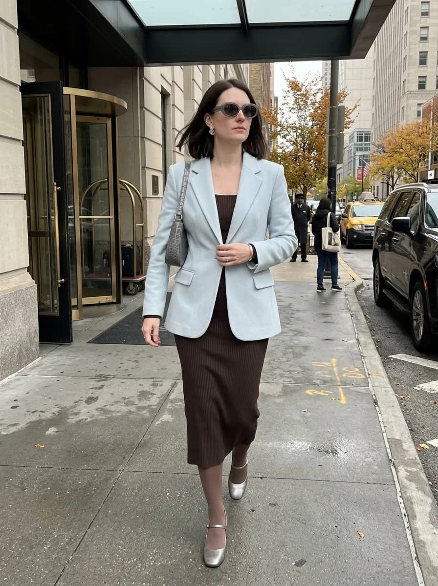 Powder Blue Blazer over a Chocolate Knit Dress