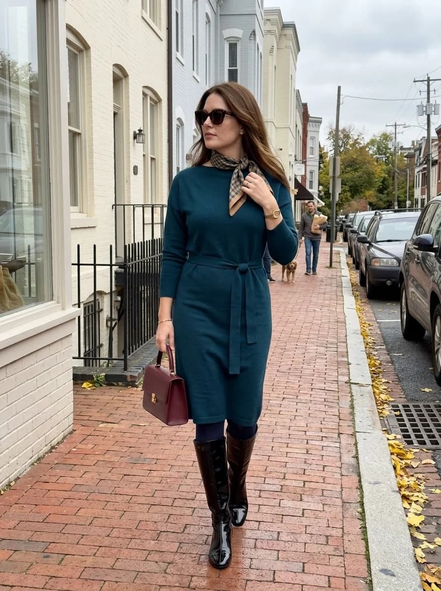 Teal Belted Dress with a Printed Neck Scarf