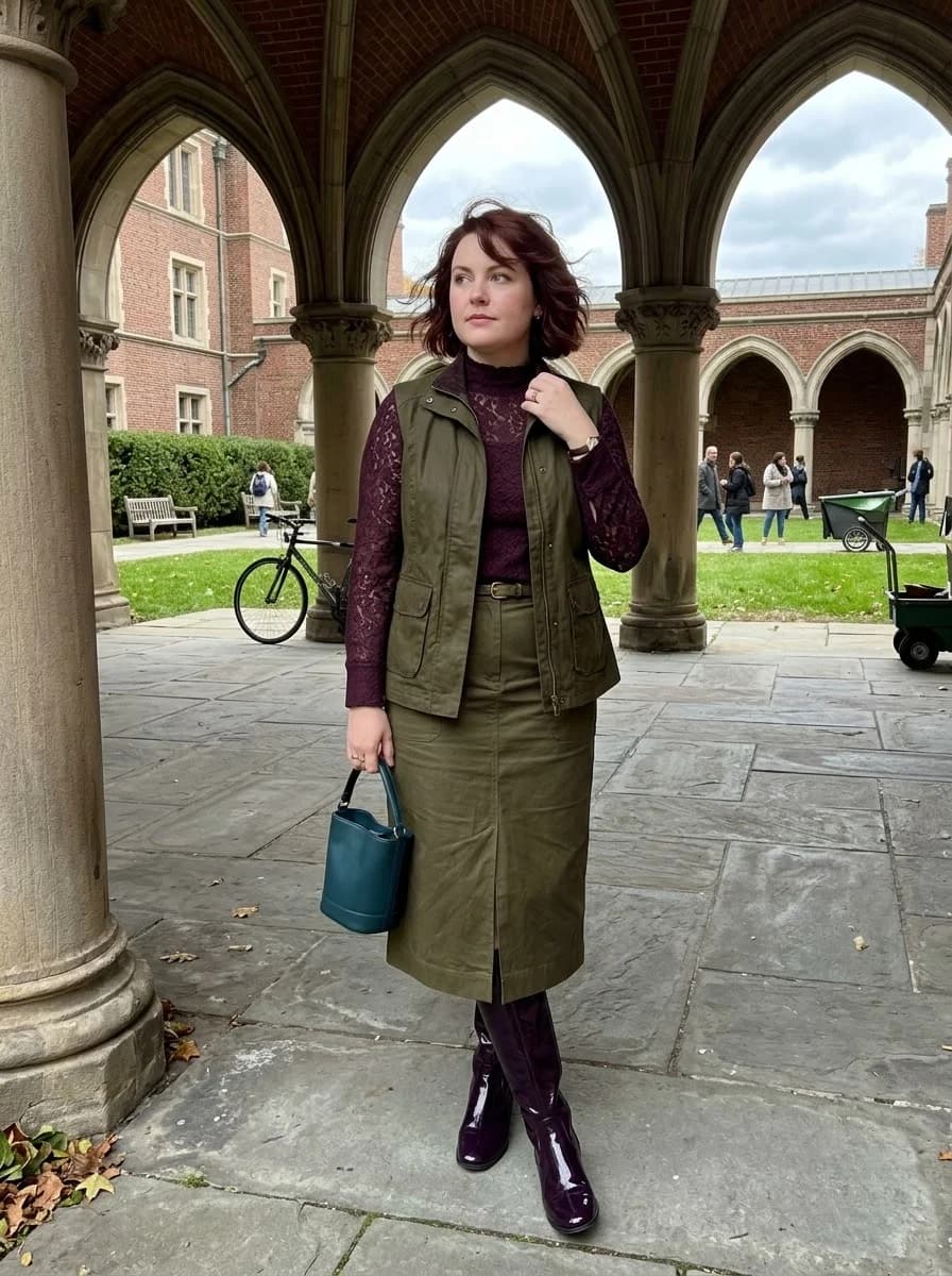 Olive Utility Set with Burgundy Lace