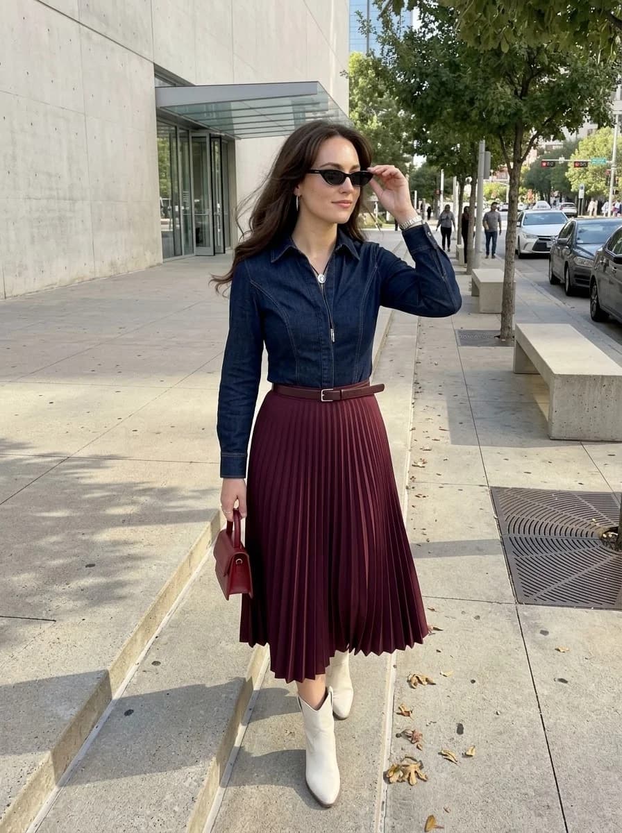 Denim Shirt with Burgundy Pleated Skirt