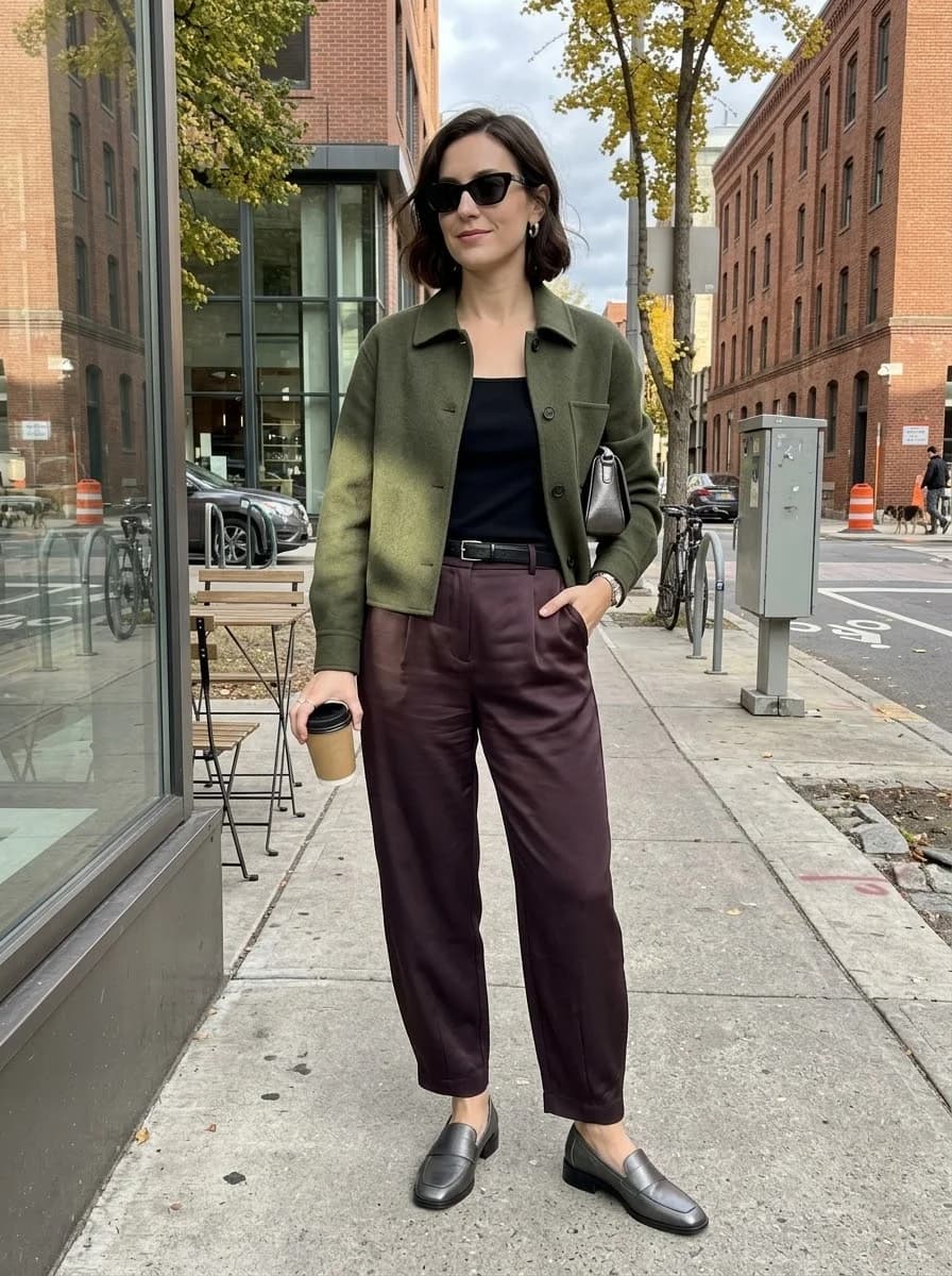 Olive Cropped Jacket with Deep Burgundy Trousers