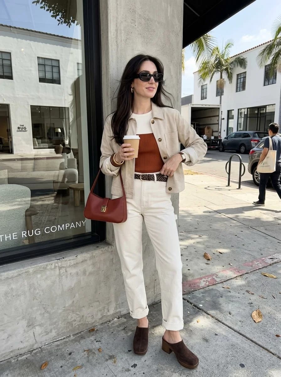 Tan Jacket with Rust Tank and Cream Jeans