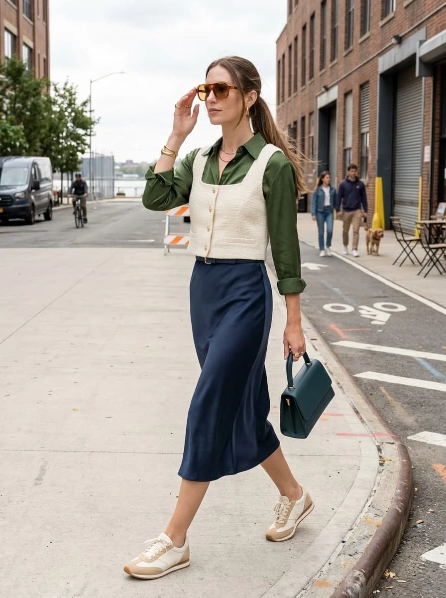 Olive Shirt, Cream Vest & Navy Satin Skirt