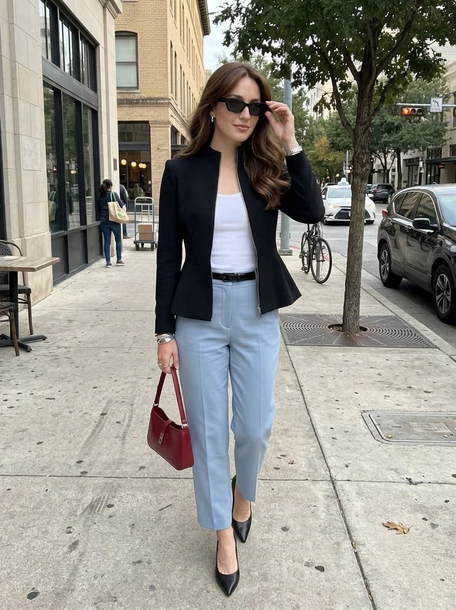 Black Blazer with Powder Blue Trousers