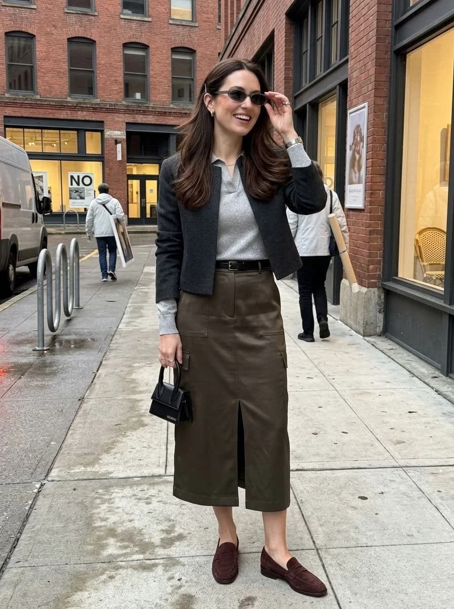 Grey Layers with an Olive Utility Midi Skirt