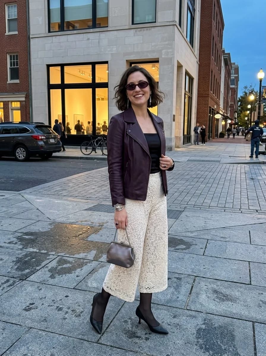 Burgundy Leather Jacket with Cream Lace Culottes